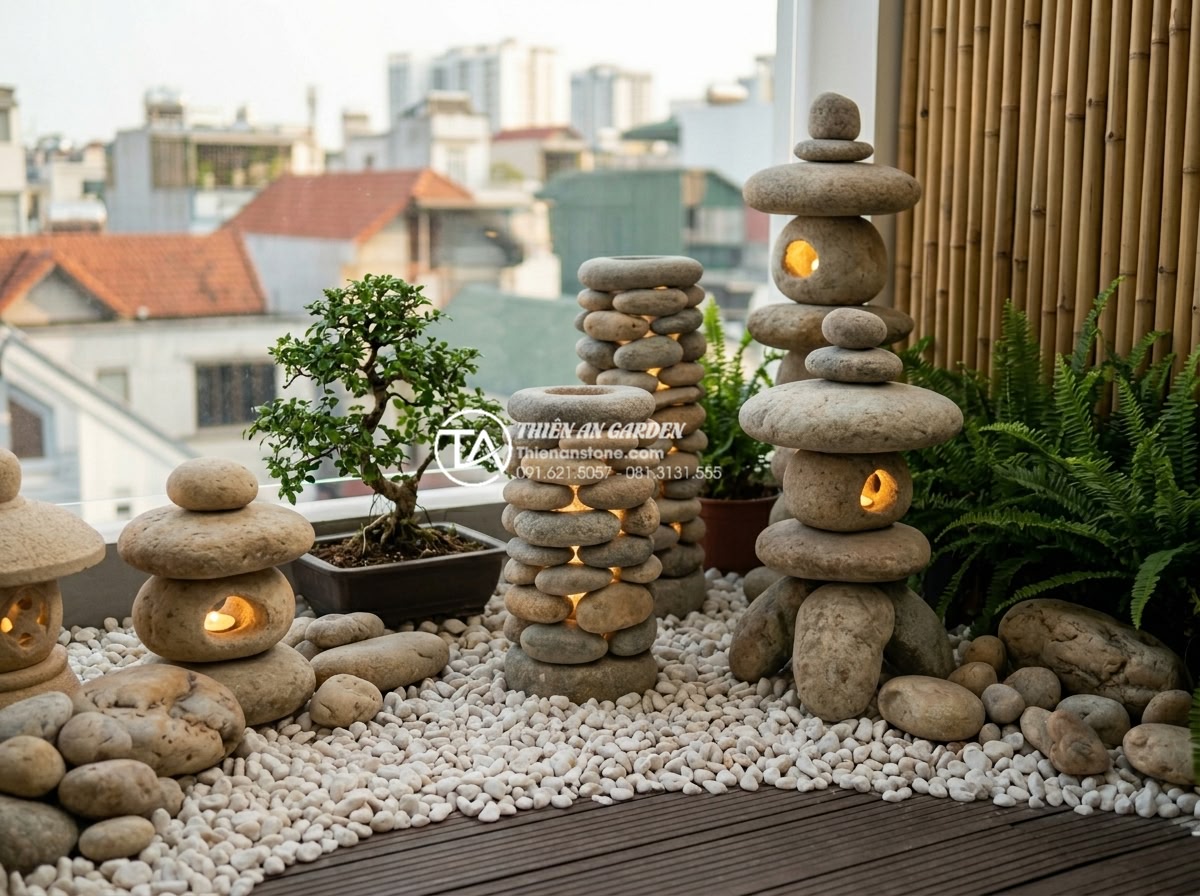 Tiểu cảnh ban công phong cách Zen: Mang thiền định vào căn hộ phố - Various designs of stone lanterns for balcony Zen decor: cylindrical, pagoda-sha