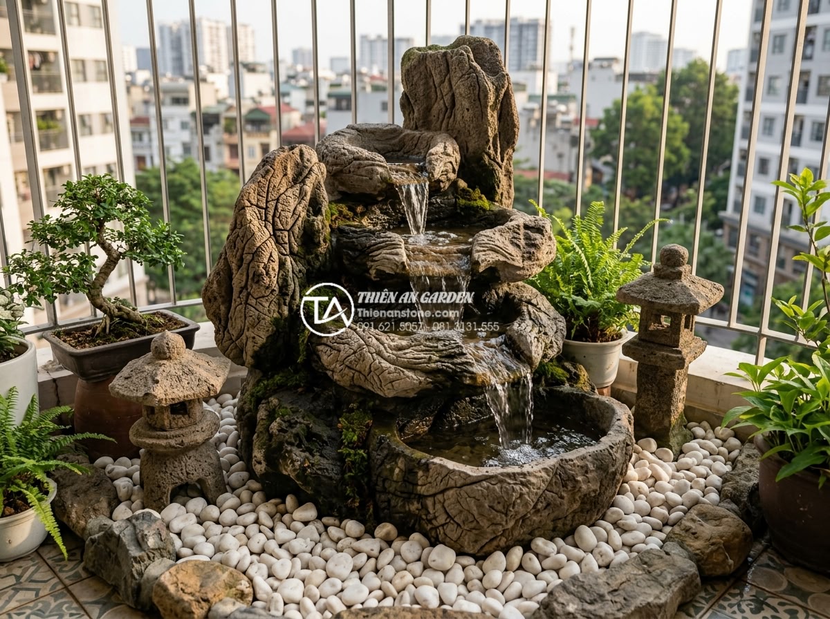 Tiểu cảnh ban công phong cách Zen: Mang thiền định vào căn hộ phố - Mini waterfall feature integrated in Zen balcony using natural stones: cascading