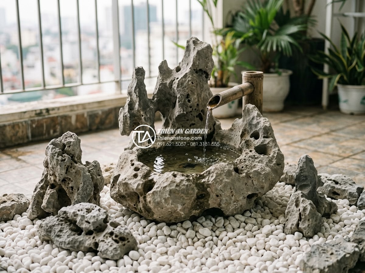 Tiểu cảnh ban công phong cách Zen: Mang thiền định vào căn hộ phố - Elegant water element in Japanese Zen balcony: small stone basin with trickling 