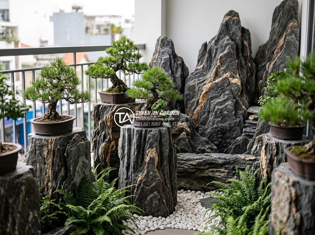 Tiểu cảnh ban công phong cách Zen: Mang thiền định vào căn hộ phố - Bonsai trees and green plants in Zen balcony design: miniature pine bonsai on st