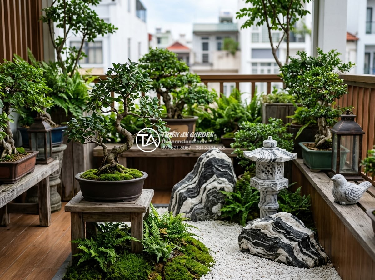 Tiểu cảnh ban công phong cách Zen: Mang thiền định vào căn hộ phố - Artistic arrangement of bonsai and greenery with stones: carefully pruned bonsai