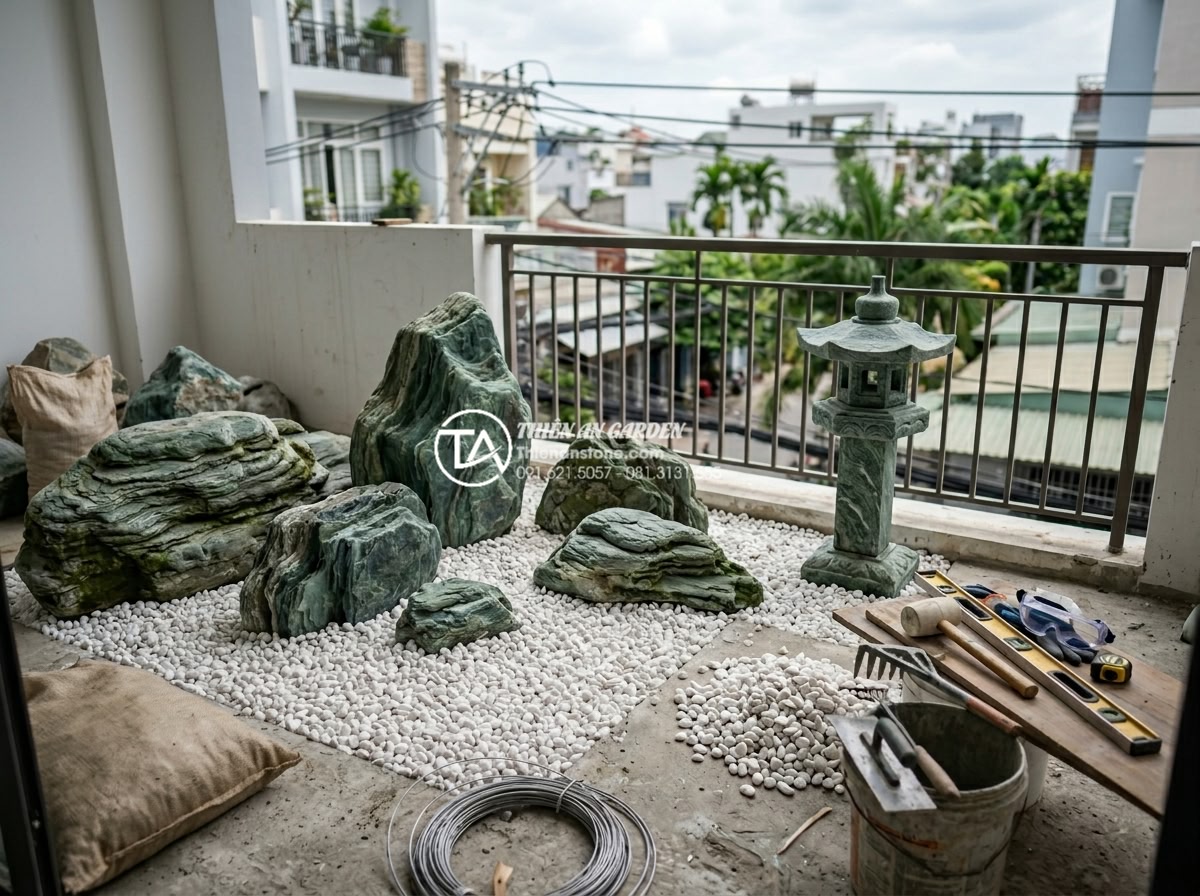 Tiểu cảnh ban công phong cách Zen: Mang thiền định vào căn hộ phố - Professional construction process of Zen balcony: workers placing natural stones