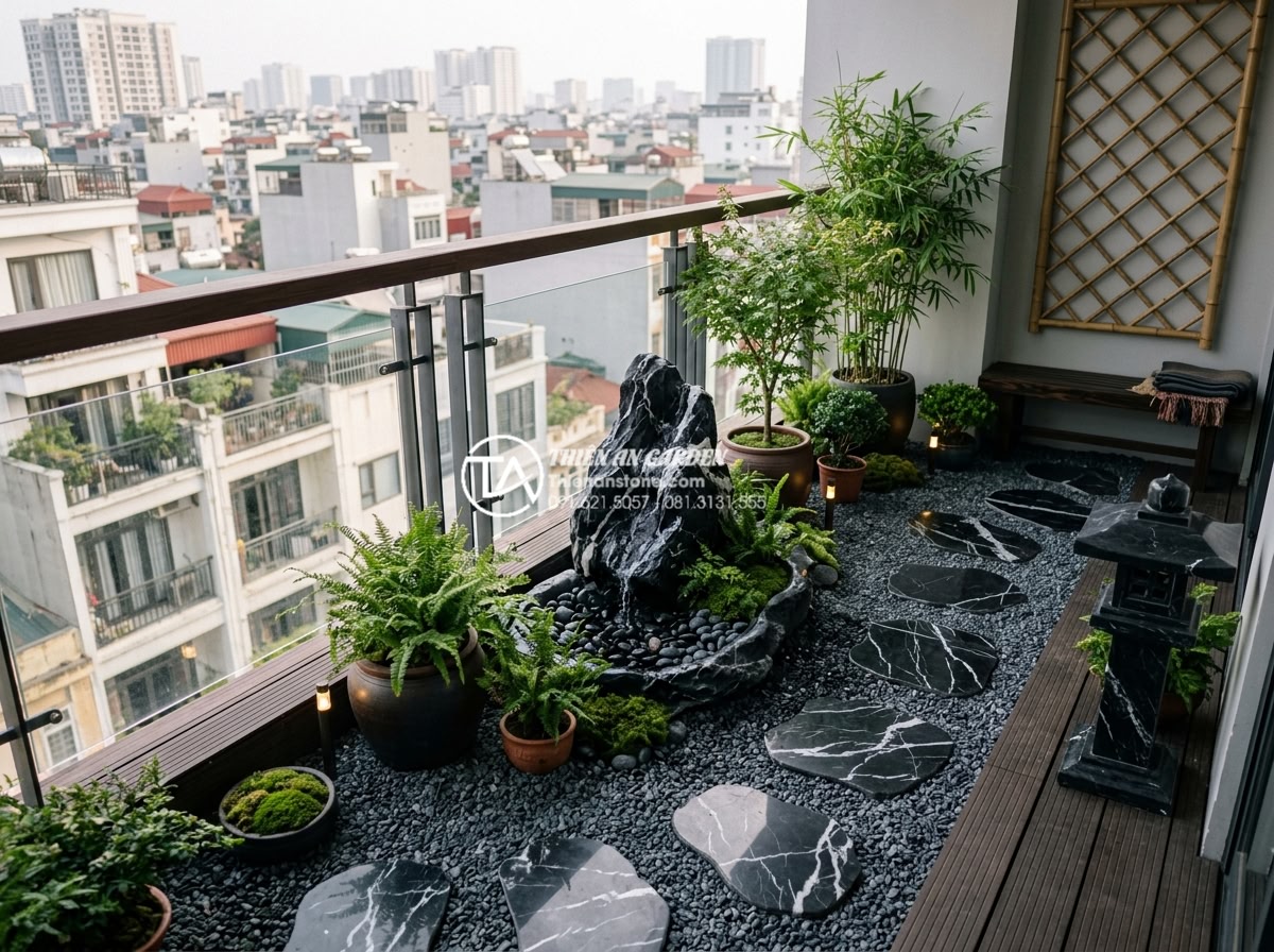 Tiểu cảnh ban công phong cách Zen: Mang thiền định vào căn hộ phố - Completed professional Zen balcony installation: full view of finished design wi