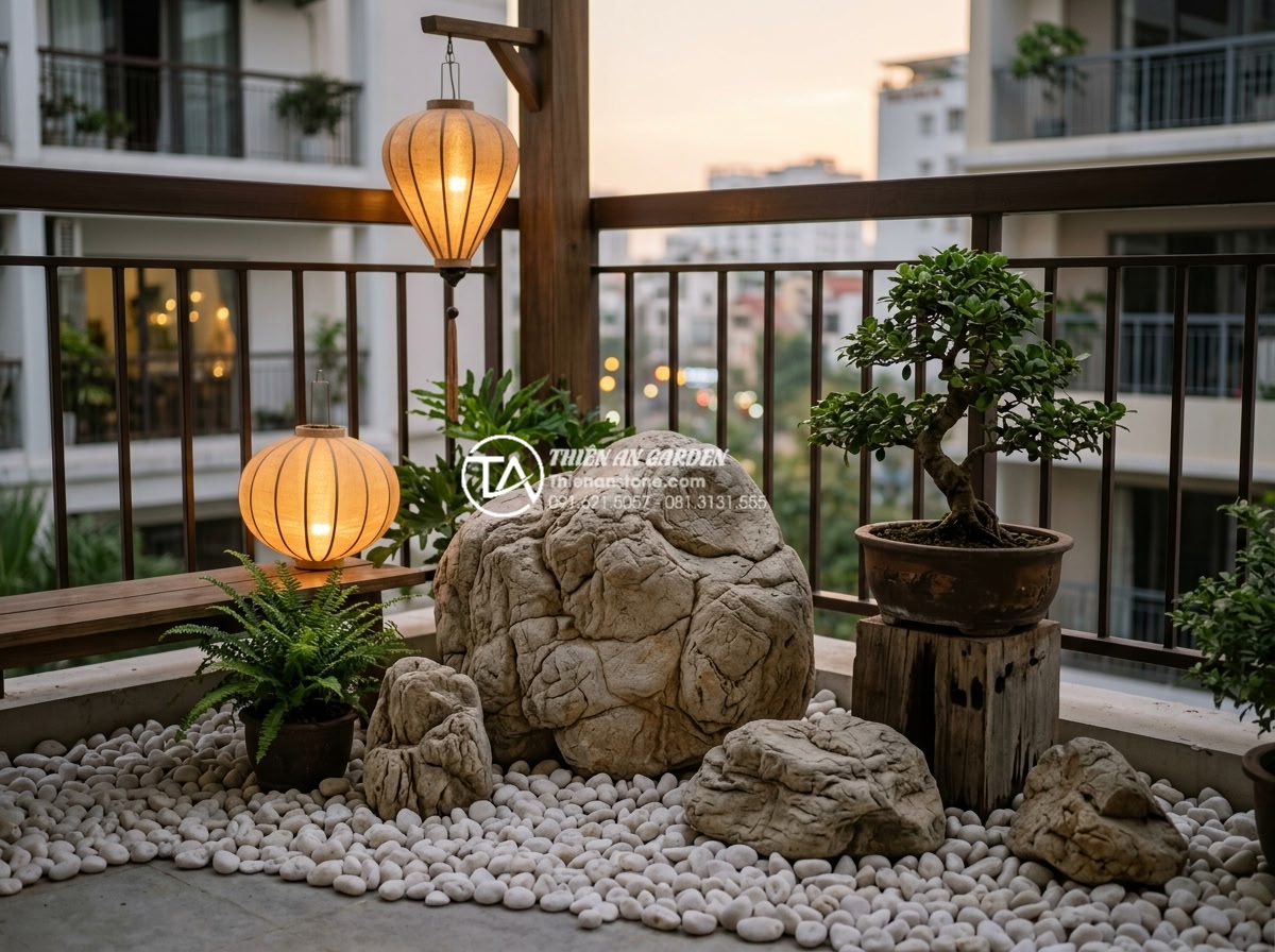 Tiểu cảnh ban công phong cách Zen: Mang thiền định vào căn hộ phố - Beautiful Zen balcony samples: elegant combinations of white pebbles, natural ca