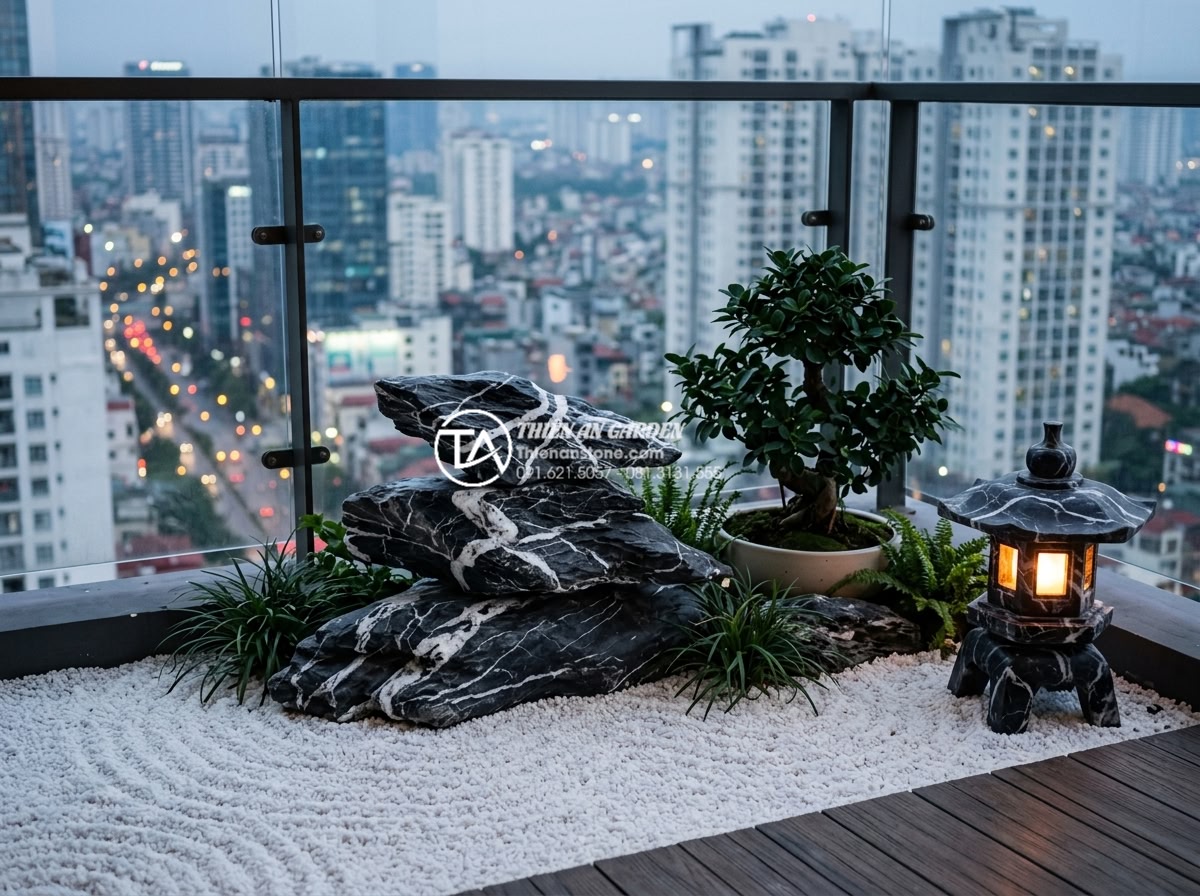 Tiểu cảnh ban công phong cách Zen: Mang thiền định vào căn hộ phố - Close-up view of a modern Zen balcony with polished natural stones stacked in as