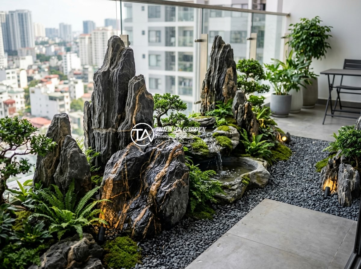 Tiểu cảnh ban công phong cách Zen: Mang thiền định vào căn hộ phố - Finished luxurious Zen balcony project by stone expert company featuring all ele