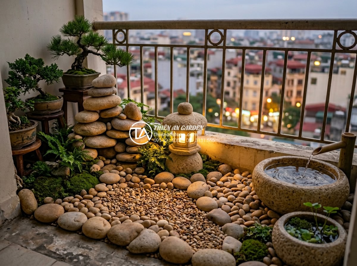 Tiểu cảnh ban công phong cách Zen: Mang thiền định vào căn hộ phố - Tranquil Zen balcony interior with white gravel paths, stacked natural rock form