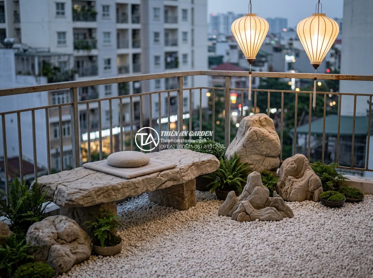 Tiểu cảnh ban công phong cách Zen: Mang thiền định vào căn hộ phố - Detailed Zen garden balcony setup showing benefits: person meditating on a stone