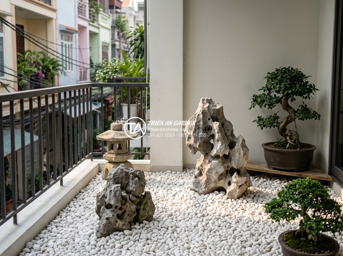 Tiểu cảnh ban công phong cách Zen: Mang thiền định vào căn hộ phố - Minimalist Japanese Zen balcony design principles illustrated: asymmetrical ston