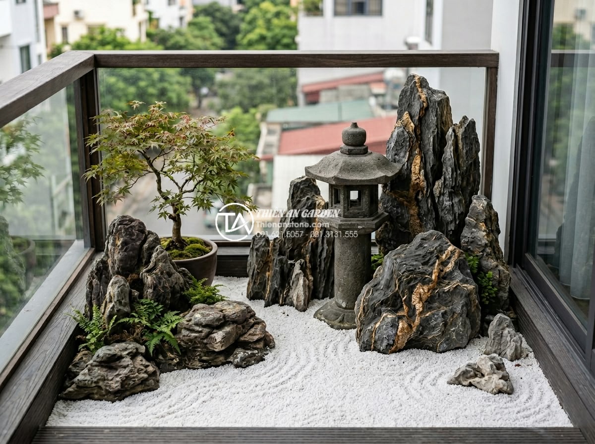Tiểu cảnh ban công phong cách Zen: Mang thiền định vào căn hộ phố - Japanese Zen balcony design close-up highlighting principles of balance, empty s