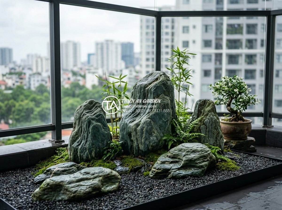 Tiểu cảnh ban công phong cách Zen: Mang thiền định vào căn hộ phố - Collection of natural stone materials for balcony Zen scene including white deco