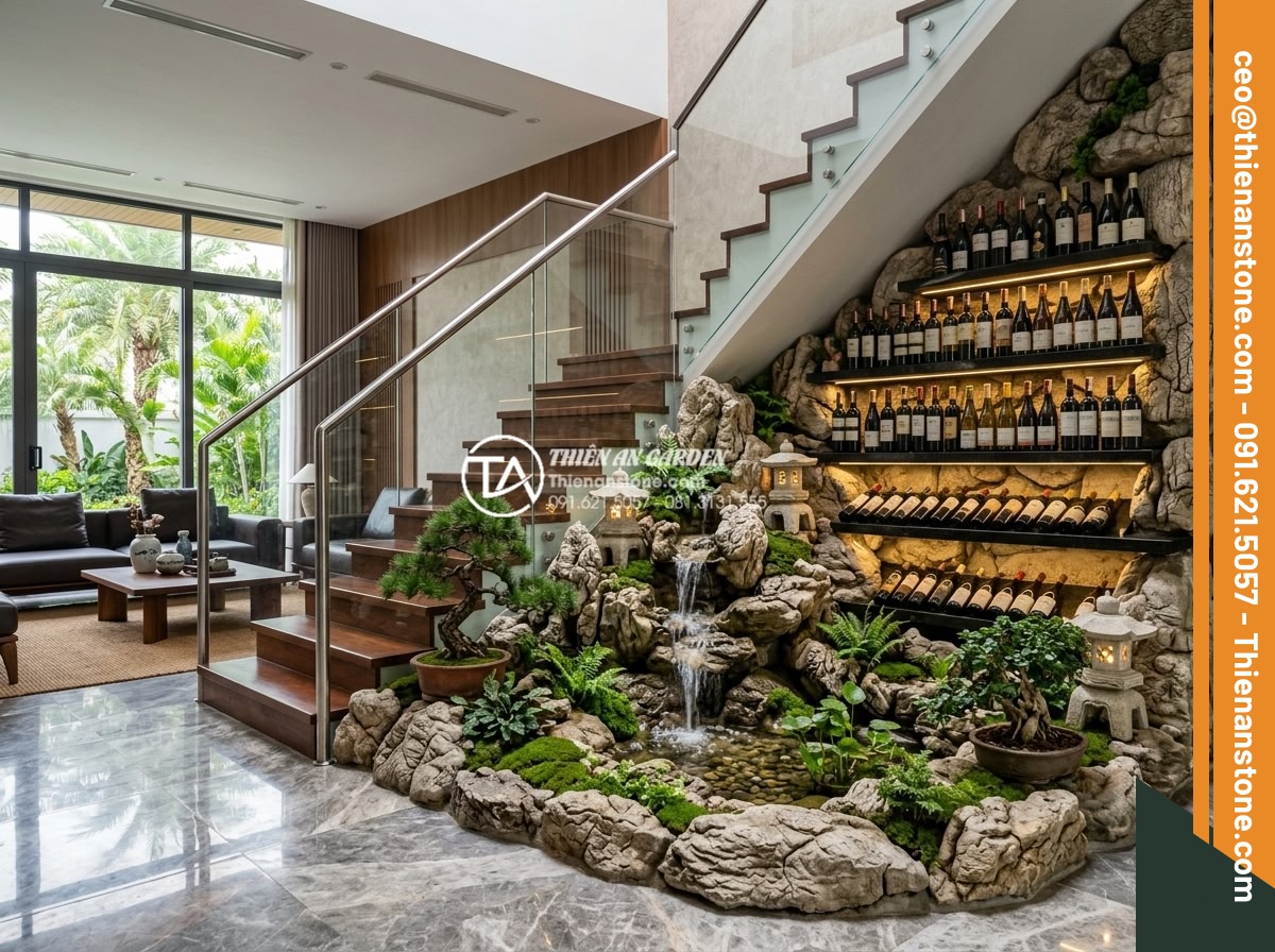 Tiểu cảnh gầm cầu thang kết hợp kệ rượu: Giải pháp thẩm mỹ 2 trong 1 - Photorealistic wide-angle view of a luxurious under-stair wine rack integrated s