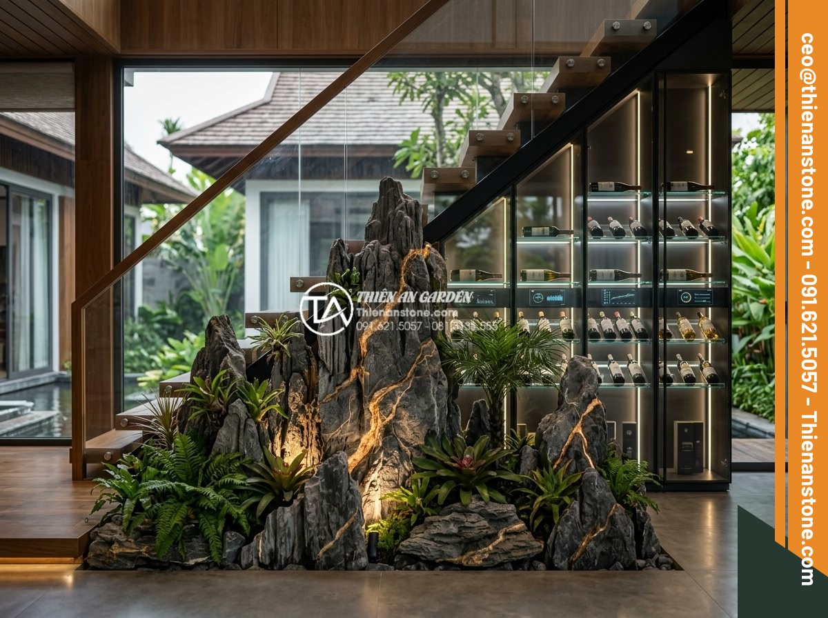 Tiểu cảnh gầm cầu thang kết hợp kệ rượu: Giải pháp thẩm mỹ 2 trong 1 - Futuristic 2026 trend visualization of under-stair wine rack with AI-controlled 