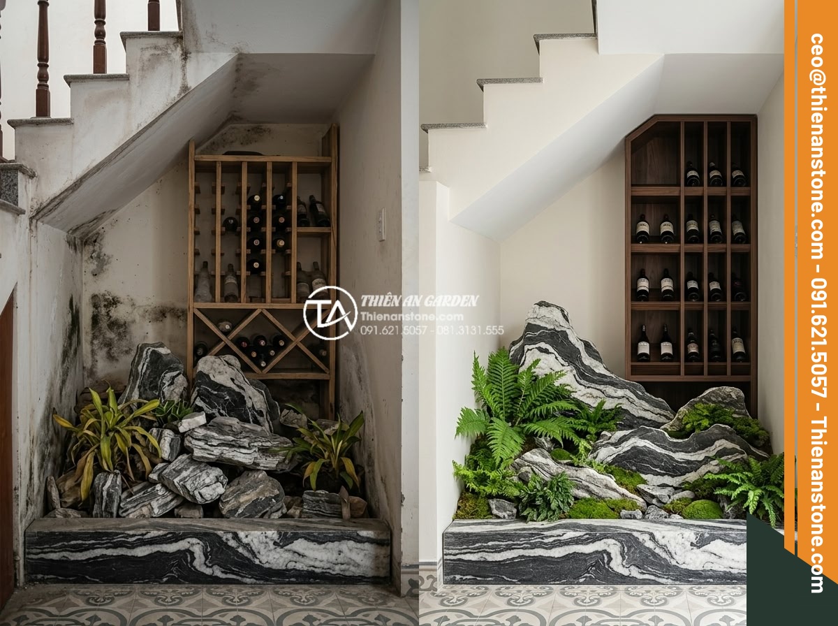 Tiểu cảnh gầm cầu thang kết hợp kệ rượu: Giải pháp thẩm mỹ 2 trong 1 - Before and after comparison photos showing common mistakes in under-stair wine r