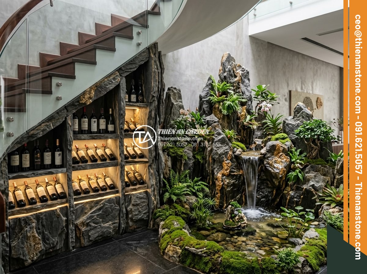 Tiểu cảnh gầm cầu thang kết hợp kệ rượu: Giải pháp thẩm mỹ 2 trong 1 - Elegant modern under-stair wine cellar combined with natural stone rockery in a 