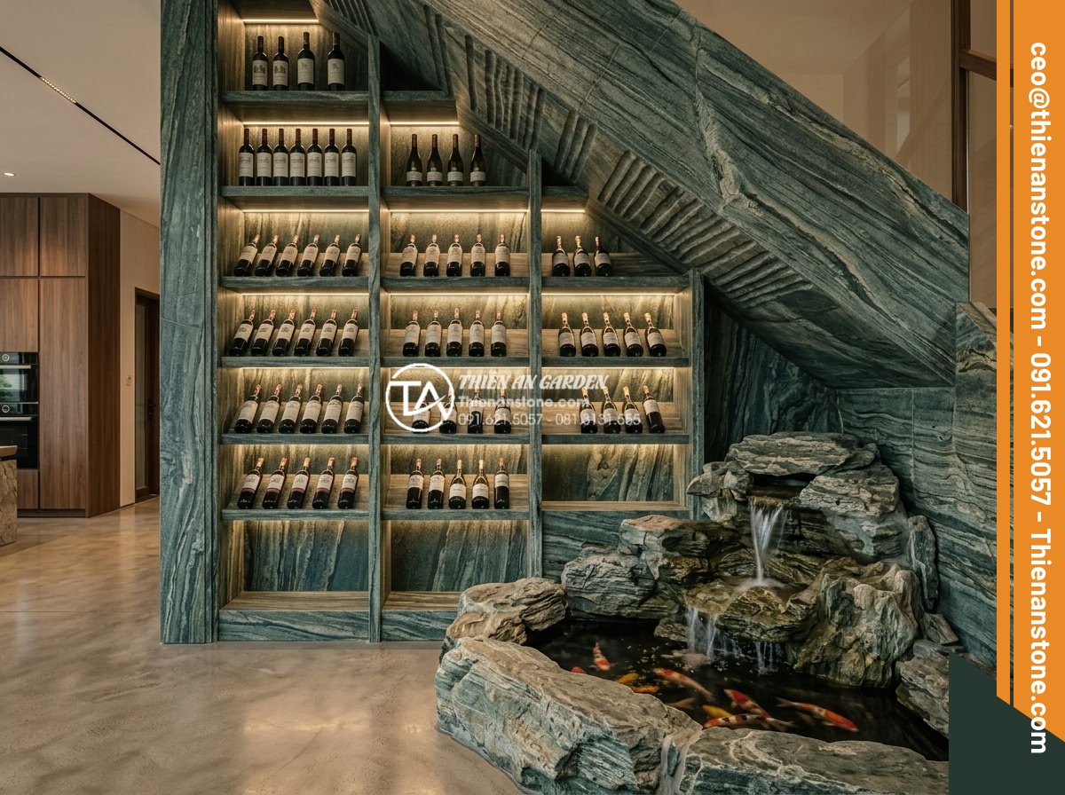 Tiểu cảnh gầm cầu thang kết hợp kệ rượu: Giải pháp thẩm mỹ 2 trong 1 - Luxurious under-stair wine cabinet design in modern Vietnamese villa: floor-to-c