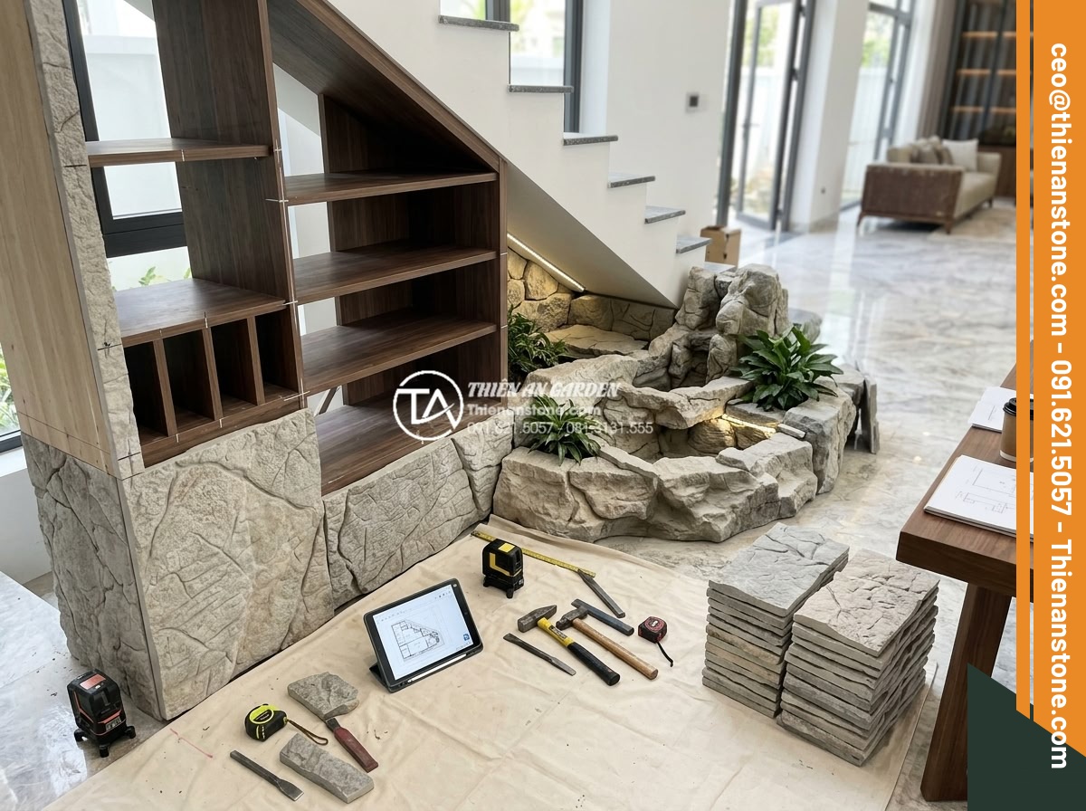 Tiểu cảnh gầm cầu thang kết hợp kệ rượu: Giải pháp thẩm mỹ 2 trong 1 - Professional team of stone craftsmen and engineers from Thien An Stone company i