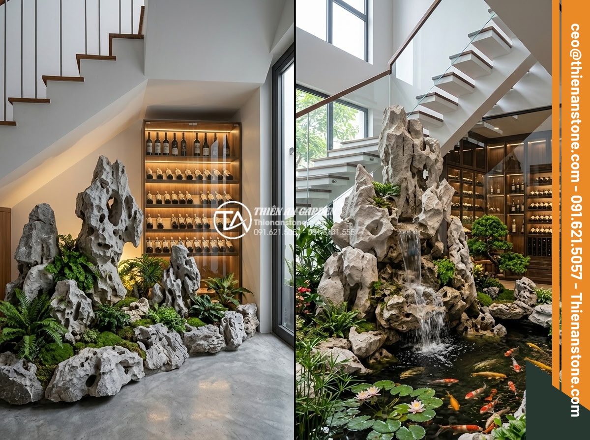 Tiểu cảnh gầm cầu thang kết hợp kệ rượu: Giải pháp thẩm mỹ 2 trong 1 - Detailed cost breakdown infographic and real project photos showing luxurious un