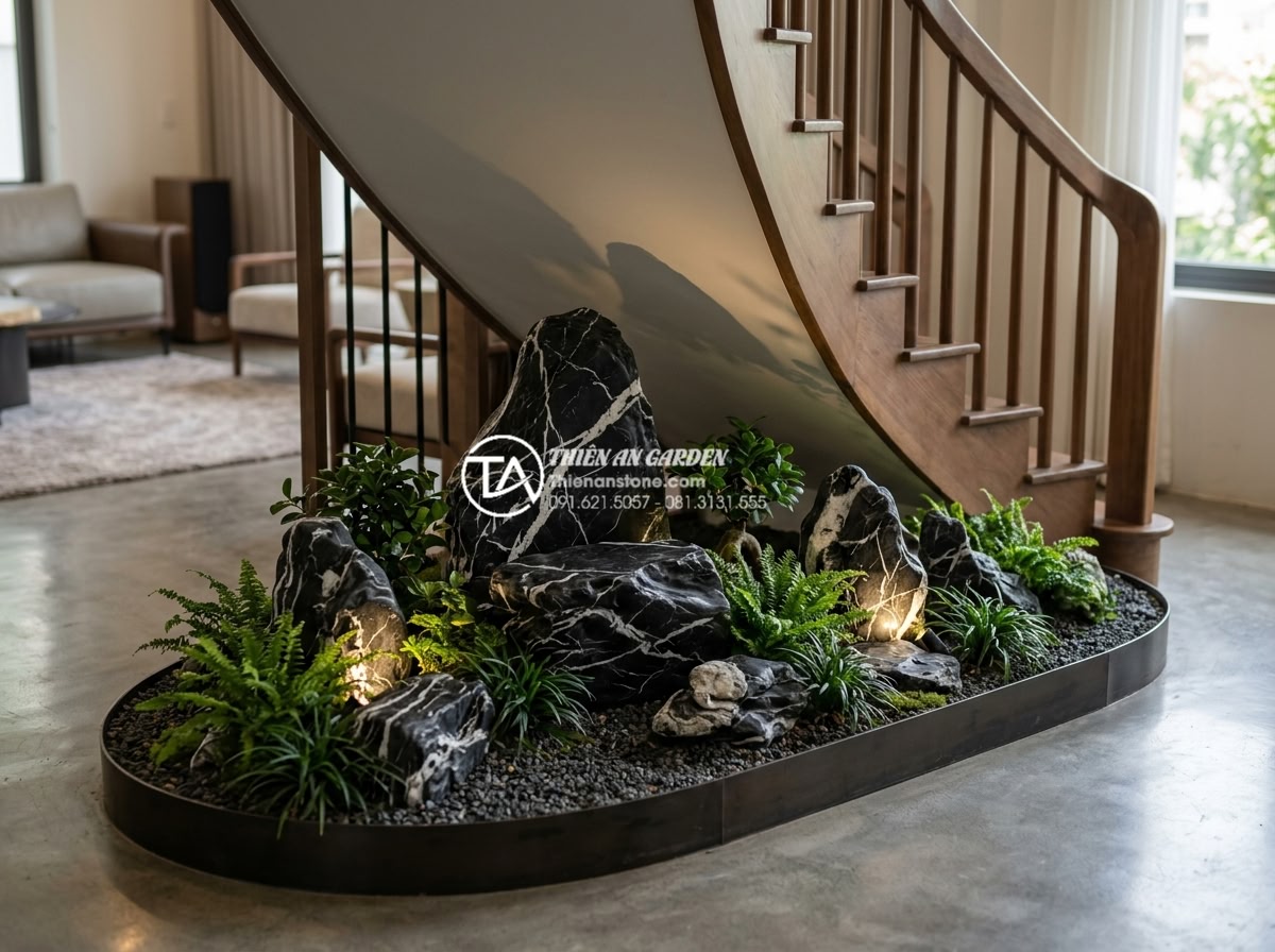 Tiểu cảnh gầm cầu thang mini: Ý tưởng trang trí tinh tế cho không gian hẹp - Hình 10 Tiểu cảnh gầm cầu thang mini: Ý tưởng trang trí tinh tế cho không gian hẹp - Realistic photograph of perfectly proportioned small rock garden under curved st
