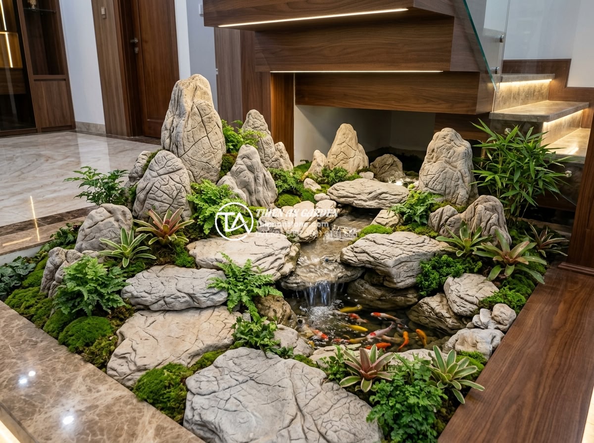 Tiểu cảnh gầm cầu thang mini: Ý tưởng trang trí tinh tế cho không gian hẹp - Hình 12 Tiểu cảnh gầm cầu thang mini: Ý tưởng trang trí tinh tế cho không gian hẹp - Final completed professional under-stair miniature landscape after construction,