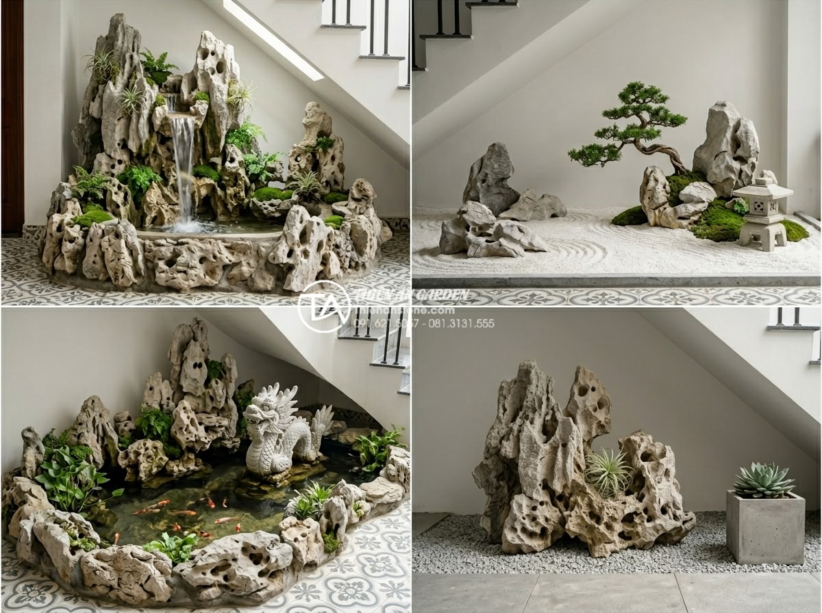 Tiểu cảnh gầm cầu thang mini: Ý tưởng trang trí tinh tế cho không gian hẹp - Hình 13 Tiểu cảnh gầm cầu thang mini: Ý tưởng trang trí tinh tế cho không gian hẹp - Collage of 4 different beautiful mini rock garden designs under stairs in high r