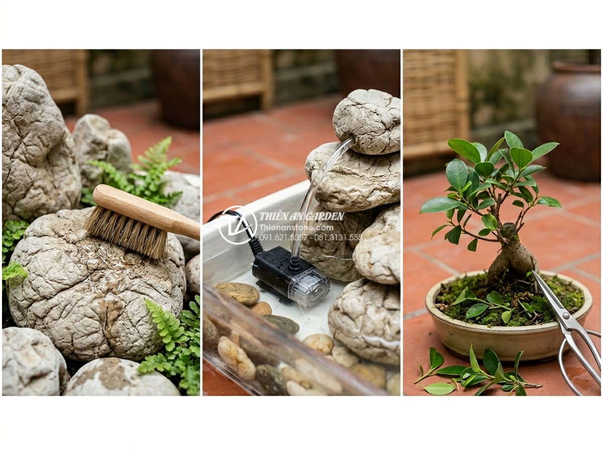 Tiểu cảnh gầm cầu thang mini: Ý tưởng trang trí tinh tế cho không gian hẹp - Hình 19 Tiểu cảnh gầm cầu thang mini: Ý tưởng trang trí tinh tế cho không gian hẹp - Detailed maintenance guide visual for mini rock garden: person gently cleaning s