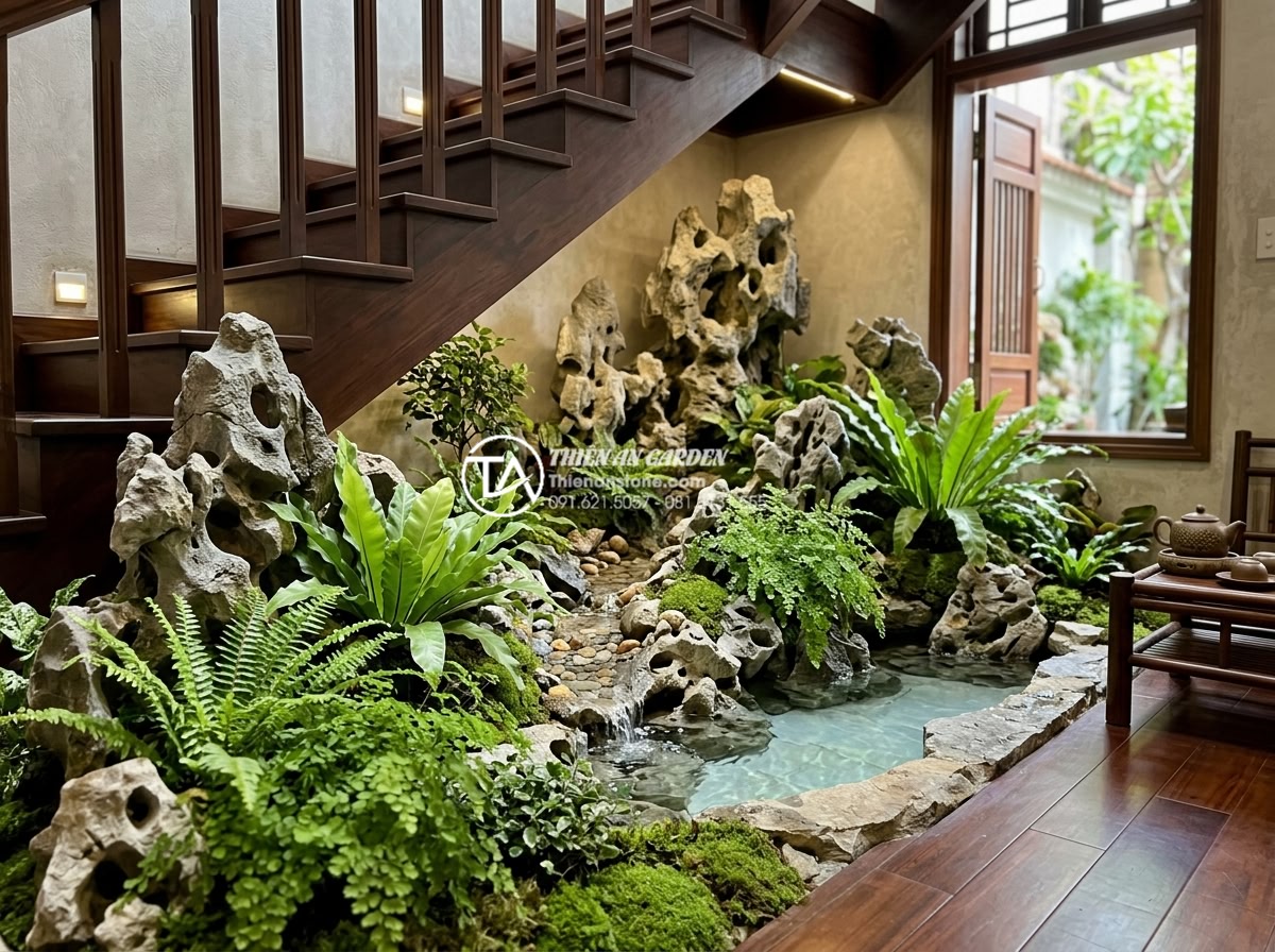 Tiểu cảnh gầm cầu thang mini: Ý tưởng trang trí tinh tế cho không gian hẹp - Hình 20 Tiểu cảnh gầm cầu thang mini: Ý tưởng trang trí tinh tế cho không gian hẹp - Serene long-term view of a beautifully maintained under-stair mini garden after