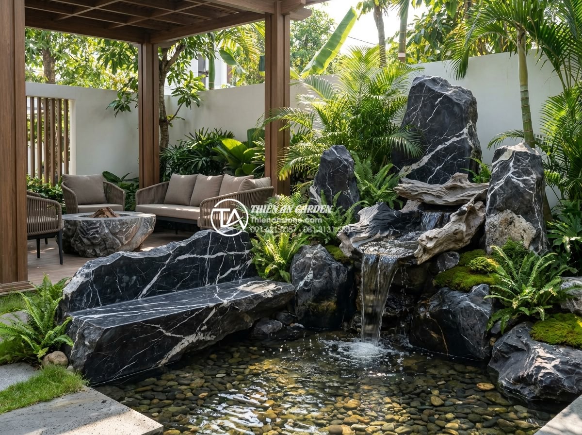 Tiểu cảnh góc sân sau nhà: Giải pháp mở rộng không gian thư giãn - A serene backyard corner landscape featuring natural stone arrangements, carved