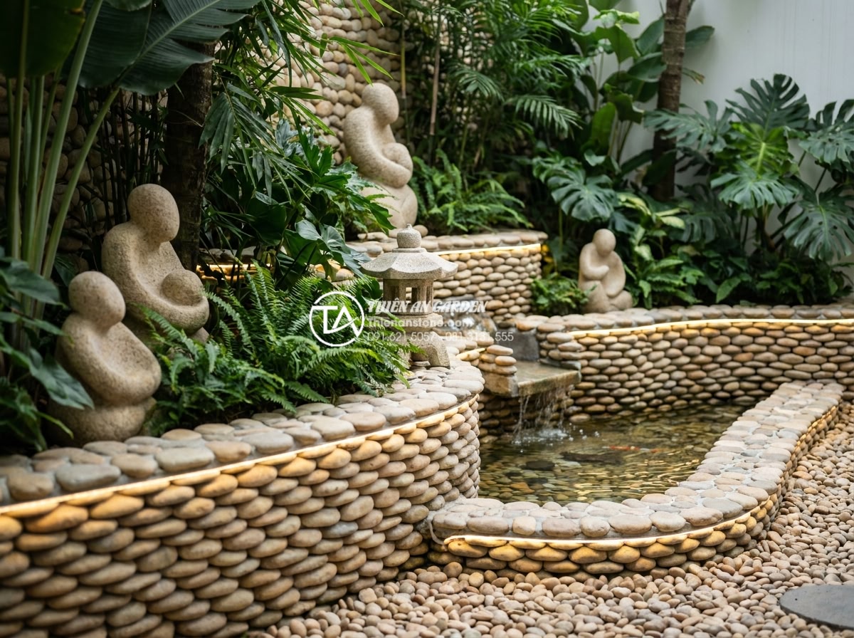 Tiểu cảnh góc sân sau nhà: Giải pháp mở rộng không gian thư giãn - Detailed view of a compact backyard corner with layered natural rocks, decorativ