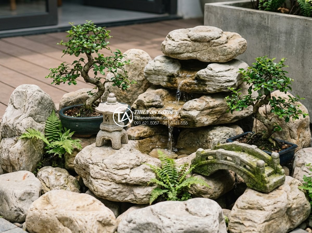 Tiểu cảnh góc sân vườn mini giá dưới 10 triệu: Top 5 gợi ý tốt nhất - A detailed close-up view of a miniature garden corner scene made with natural st