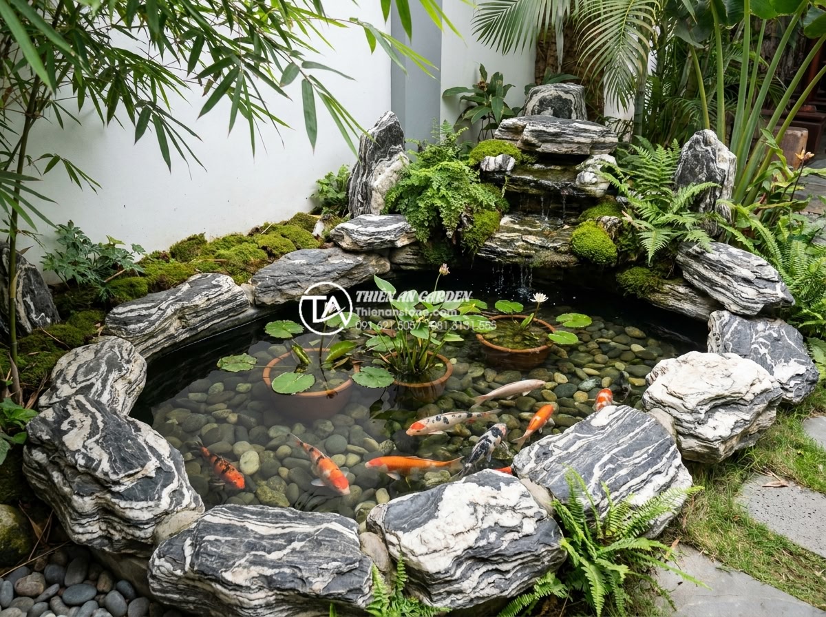 Tiểu cảnh góc sân vườn mini giá dưới 10 triệu: Top 5 gợi ý tốt nhất - Serene mini koi pond corner garden with smooth river pebbles, colorful koi fish 
