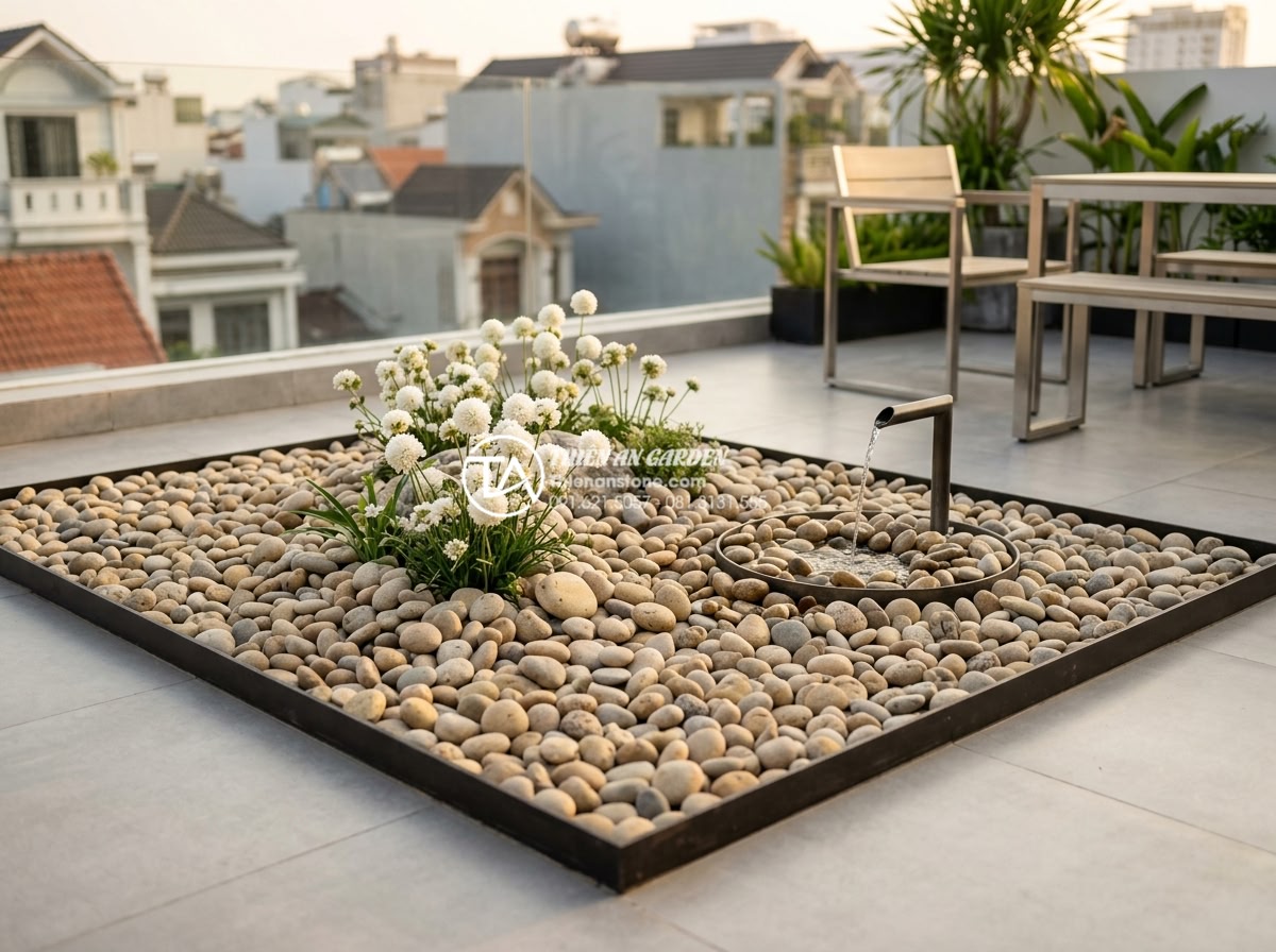 Tiểu cảnh sân thượng cho người mệnh Kim: Chọn đá và cây chuẩn phong thủy - Modern Vietnamese rooftop terrace mini landscape designed for Metal element feng