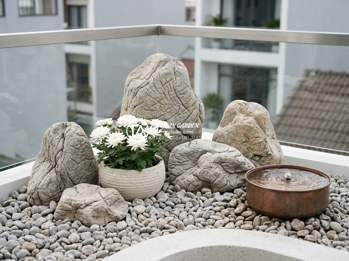 Tiểu cảnh sân thượng cho người mệnh Kim: Chọn đá và cây chuẩn phong thủy - Detailed close-up of feng shui Metal element terrace garden with polished white 