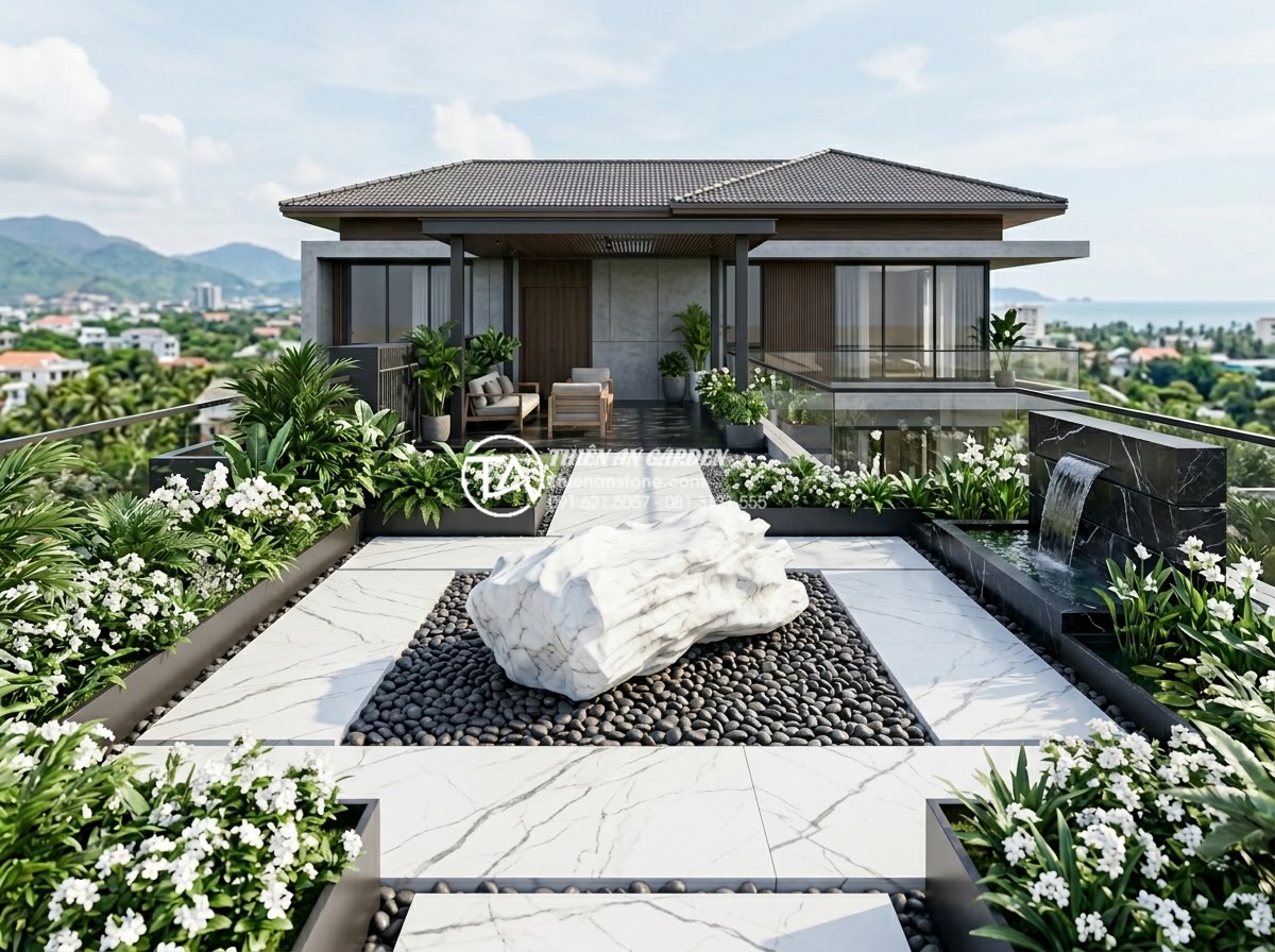 Tiểu cảnh sân thượng cho người mệnh Kim: Chọn đá và cây chuẩn phong thủy - Professional 3D rendering of perfectly balanced Metal element rooftop terrace la