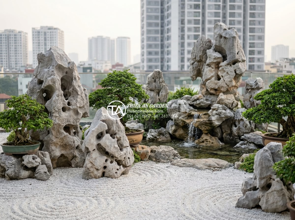 Tiểu cảnh sân thượng Nhật Bản (Zen): Nghệ thuật tĩnh lặng từ đá và cây - A serene Japanese Zen rooftop garden with carefully arranged natural stones, rak
