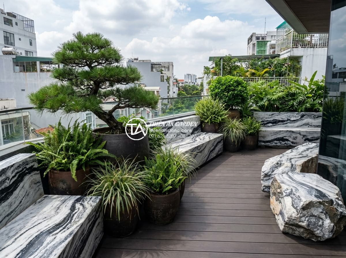 Tiểu cảnh sân thượng Nhật Bản (Zen): Nghệ thuật tĩnh lặng từ đá và cây - Hình 10 Tiểu cảnh sân thượng Nhật Bản (Zen): Nghệ thuật tĩnh lặng từ đá và cây - Variety of Zen-compatible plants including pine bonsai, ferns, and ornamental gr