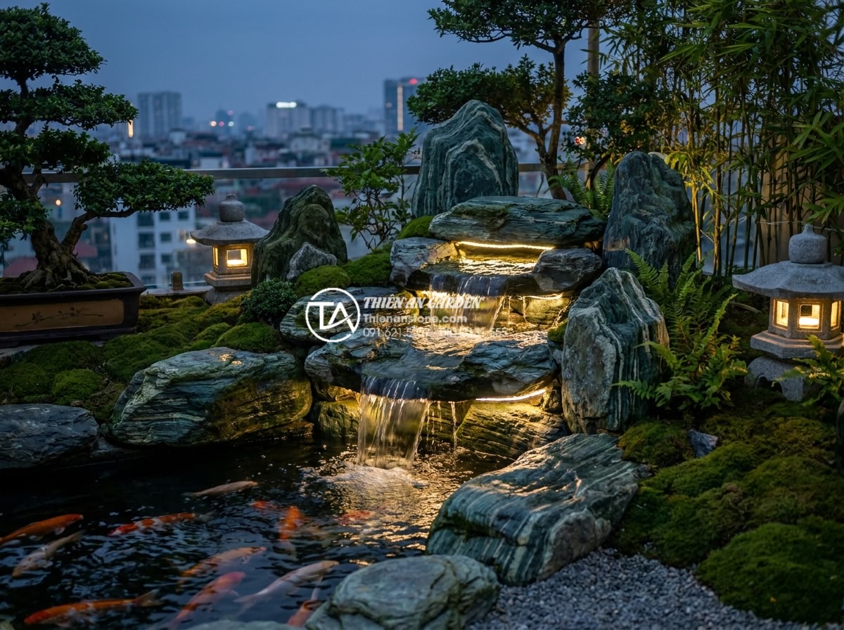 Tiểu cảnh sân thượng Nhật Bản (Zen): Nghệ thuật tĩnh lặng từ đá và cây - Hình 11 Tiểu cảnh sân thượng Nhật Bản (Zen): Nghệ thuật tĩnh lặng từ đá và cây - Small elegant waterfall cascading over natural stones into a koi pond within a J
