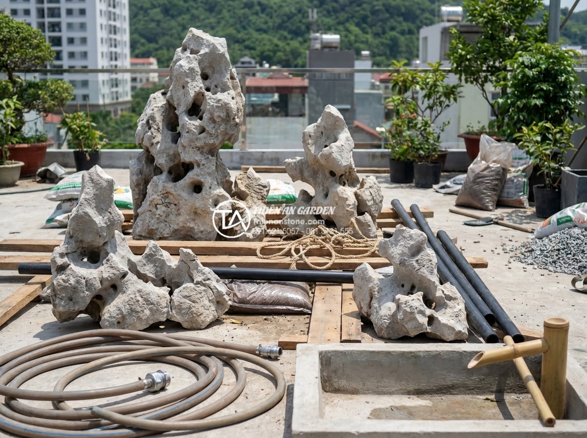 Tiểu cảnh sân thượng Nhật Bản (Zen): Nghệ thuật tĩnh lặng từ đá và cây - Hình 15 Tiểu cảnh sân thượng Nhật Bản (Zen): Nghệ thuật tĩnh lặng từ đá và cây - Professional construction process of Zen rooftop garden showing workers placing
