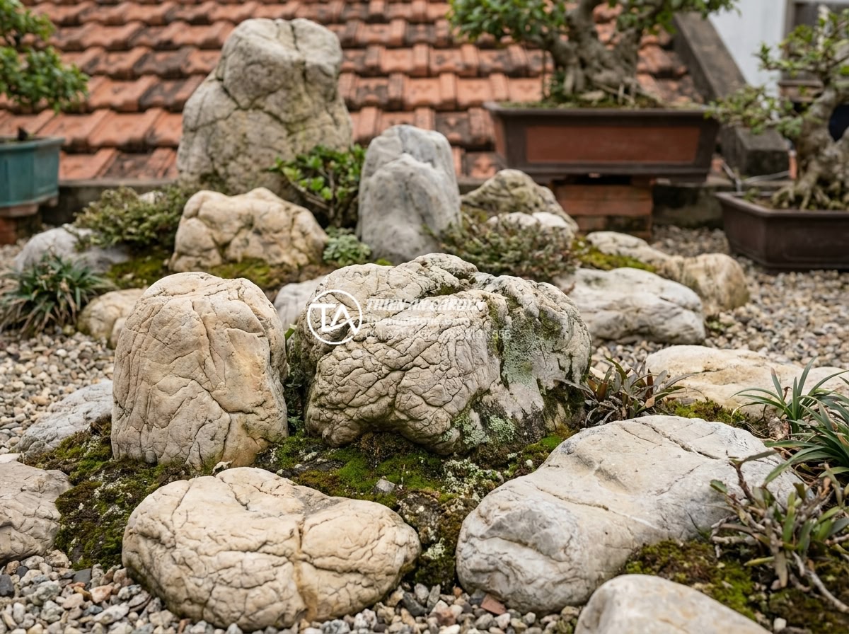 Tiểu cảnh sân thượng Nhật Bản (Zen): Nghệ thuật tĩnh lặng từ đá và cây - Hình 7 Tiểu cảnh sân thượng Nhật Bản (Zen): Nghệ thuật tĩnh lặng từ đá và cây - Detailed close-up of natural granite stones with unique textures and moss growth
