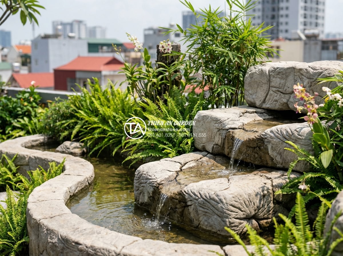 Tiểu cảnh sân thượng phong thủy: Bí quyết chiêu tài rước lộc cho gia chủ - Integrated rooftop garden and Feng Shui landscape combining natural stone, flowi