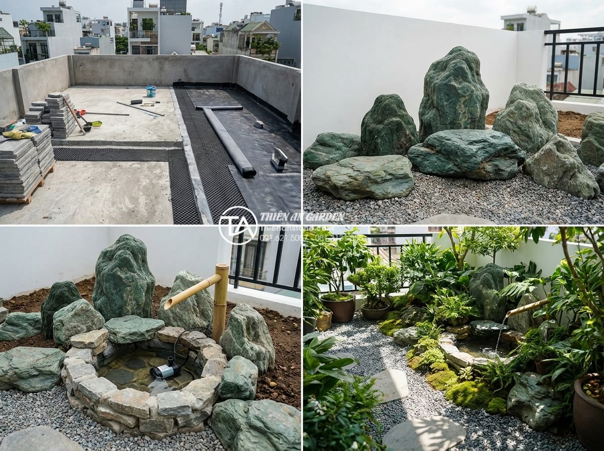 Tiểu cảnh sân thượng phong thủy: Bí quyết chiêu tài rước lộc cho gia chủ - Step-by-step professional construction process of a rooftop Feng Shui garden sho