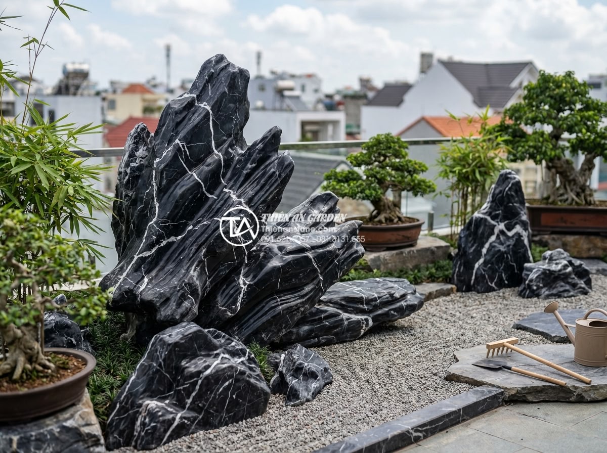 Tiểu cảnh sân thượng phong thủy: Bí quyết chiêu tài rước lộc cho gia chủ - Completed professional installation of natural stone rooftop landscape with work