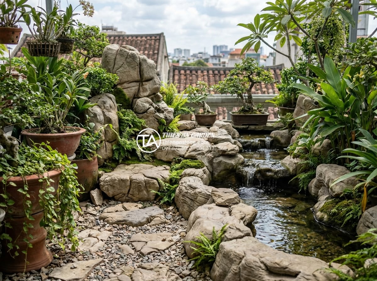 Tiểu cảnh sân thượng phong thủy: Bí quyết chiêu tài rước lộc cho gia chủ - Well-maintained long-term rooftop stone garden with vibrant plants and clean wat