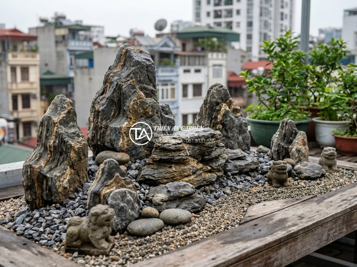 Tiểu cảnh sân thượng phong thủy: Bí quyết chiêu tài rước lộc cho gia chủ - Minimalist dry stone garden on urban rooftop using various natural pebbles, boul
