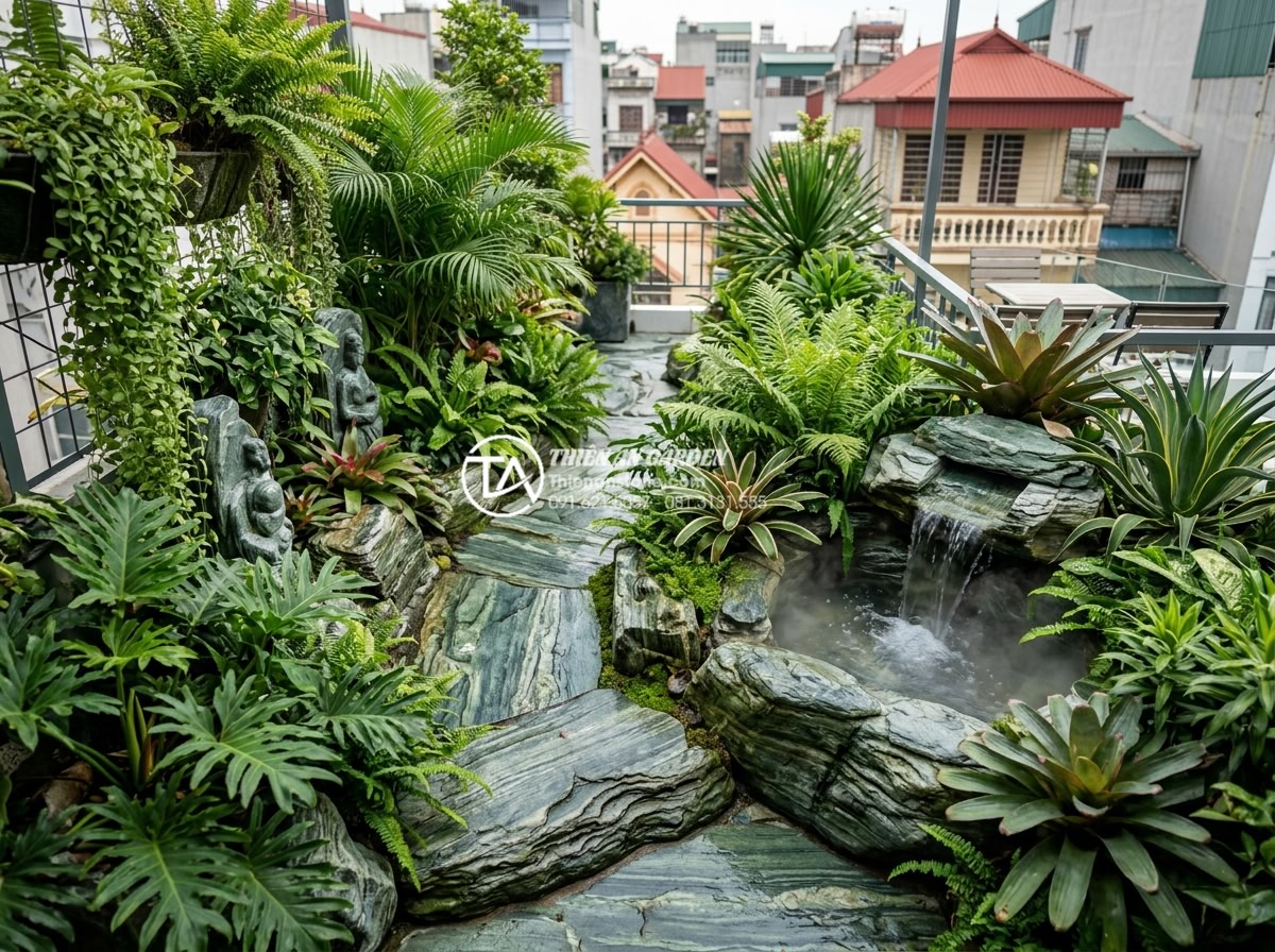 Tiểu cảnh sân thượng xanh: Giải pháp hạ nhiệt cực đỉnh cho nhà phố mùa hè - Hình 1 Tiểu cảnh sân thượng xanh: Giải pháp hạ nhiệt cực đỉnh cho nhà phố mùa hè - Vibrant green rooftop garden scene on a Vietnamese townhouse terrace featuring l