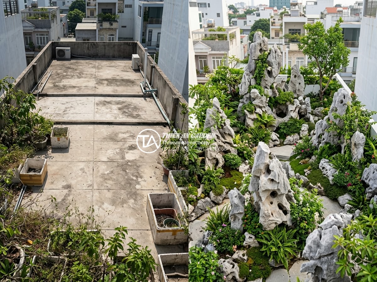Tiểu cảnh sân thượng xanh: Giải pháp hạ nhiệt cực đỉnh cho nhà phố mùa hè - Hình 12 Tiểu cảnh sân thượng xanh: Giải pháp hạ nhiệt cực đỉnh cho nhà phố mùa hè - Completed professional installation of rooftop green space with stone features a