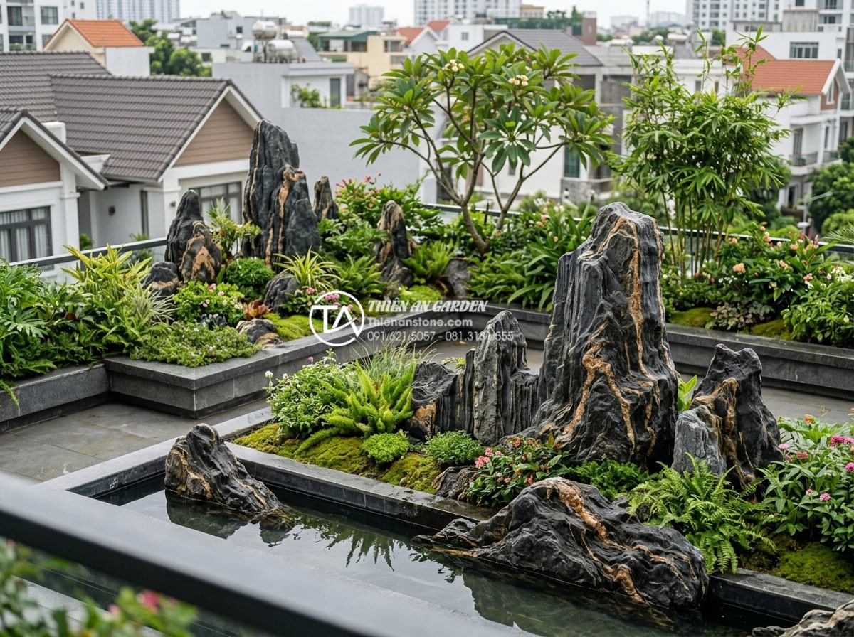 Tiểu cảnh sân thượng xanh: Giải pháp hạ nhiệt cực đỉnh cho nhà phố mùa hè - Hình 20 Tiểu cảnh sân thượng xanh: Giải pháp hạ nhiệt cực đỉnh cho nhà phố mùa hè - Showcase of completed luxurious townhouse rooftop green scenes by expert stone g