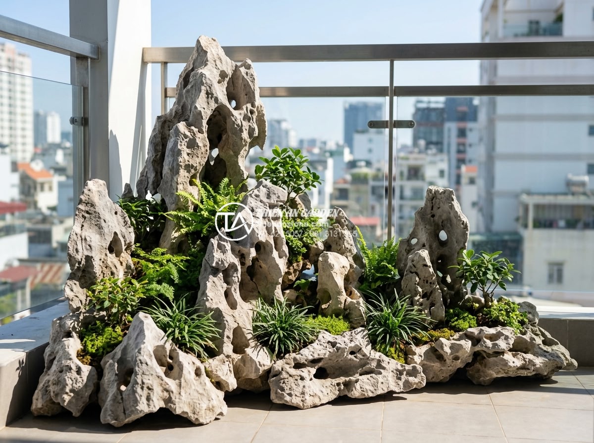 Top 10 loại cây chịu nắng cực tốt phù hợp với tiểu cảnh đá ban công - Modern sunny balcony stone landscape with natural gray stones arranged in layers