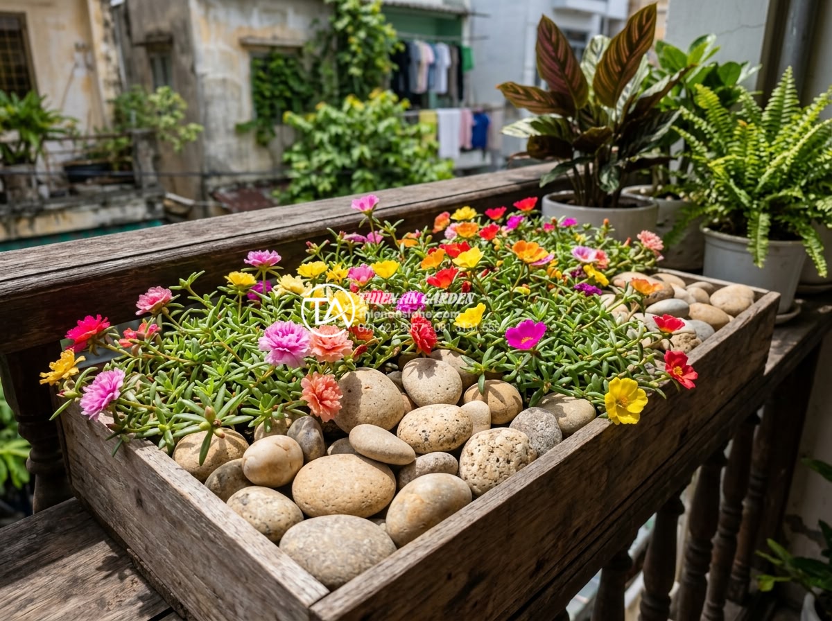 Top 10 loại cây chịu nắng cực tốt phù hợp với tiểu cảnh đá ban công - Colorful Portulaca flowers blooming abundantly over decorative stones on a sunny