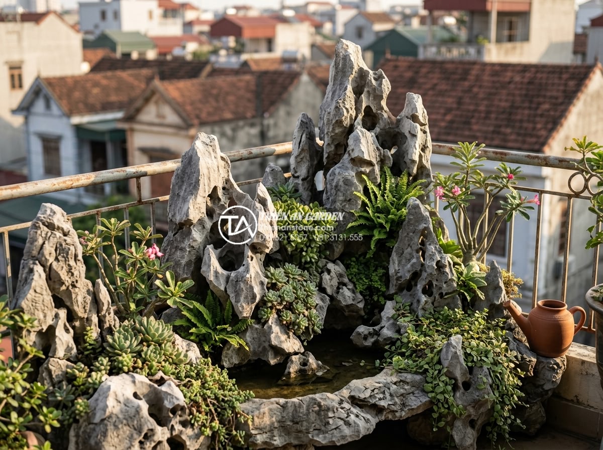 Top 10 loại cây chịu nắng cực tốt phù hợp với tiểu cảnh đá ban công - Long-term view of matured balcony stone garden with healthy sun-resistant plants